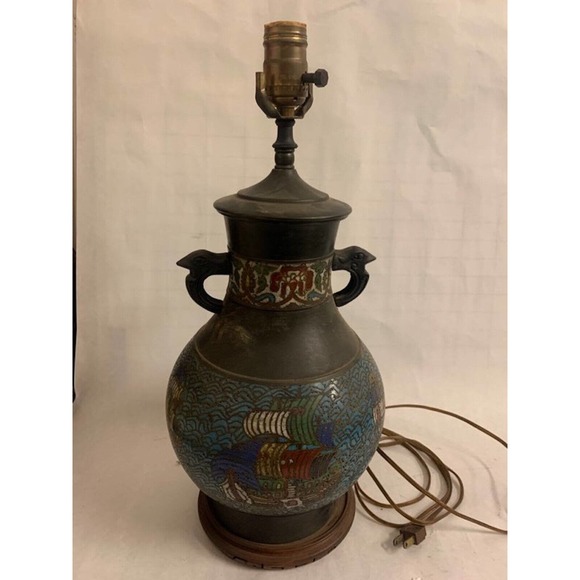 LARGE ANTIQUE CHINESE CHAMPLEVE CLOISONNE Enamel Bronze Vase Table Lamp Boat ...